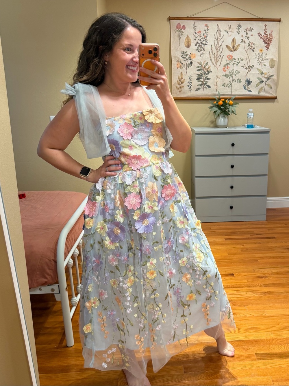 VICI Blue Floral Appliqué Pastel Tulle Midi Dress Medium